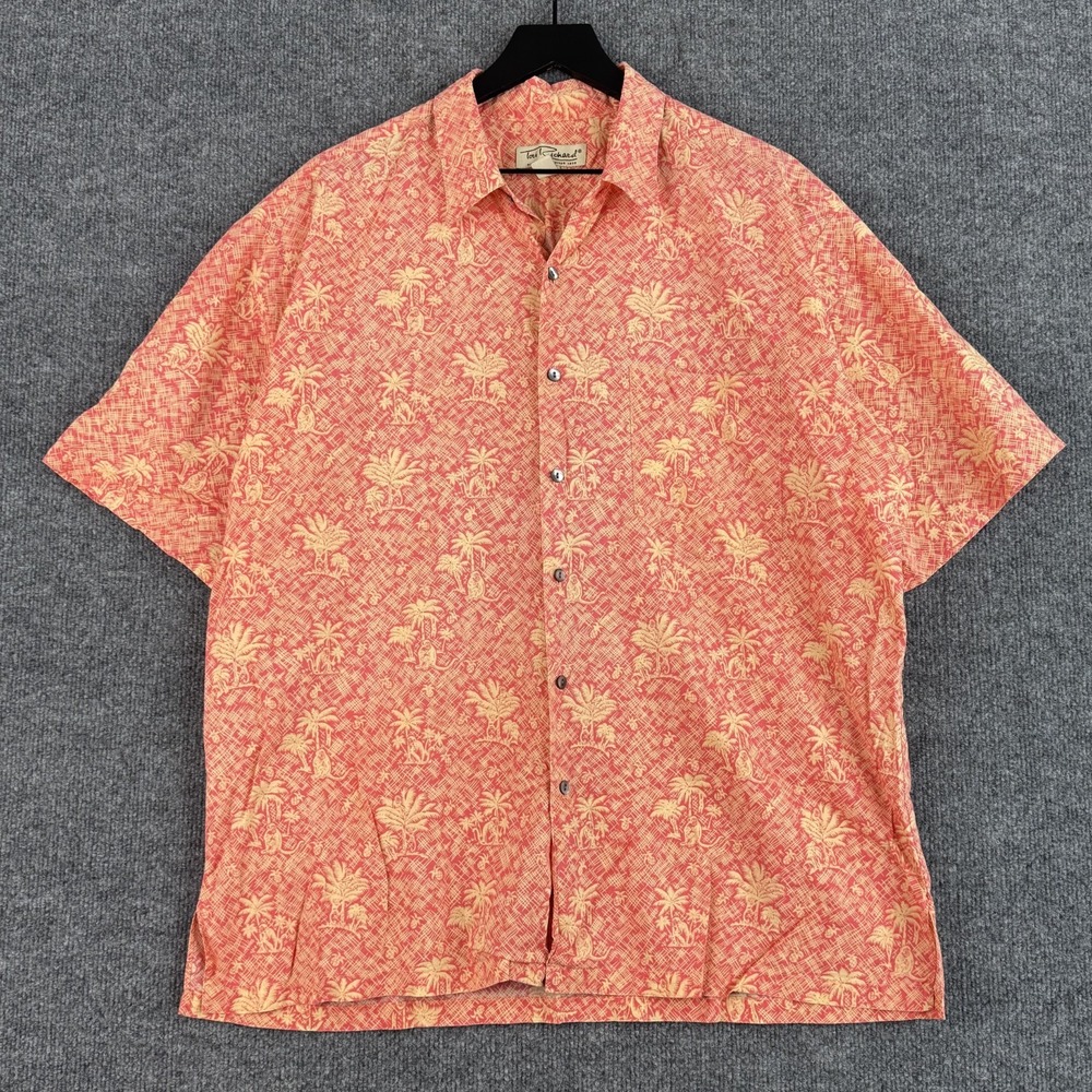 Tori Richard Button Up Shirt Mens XL Orange Geometric Floral USA Short Sleeve